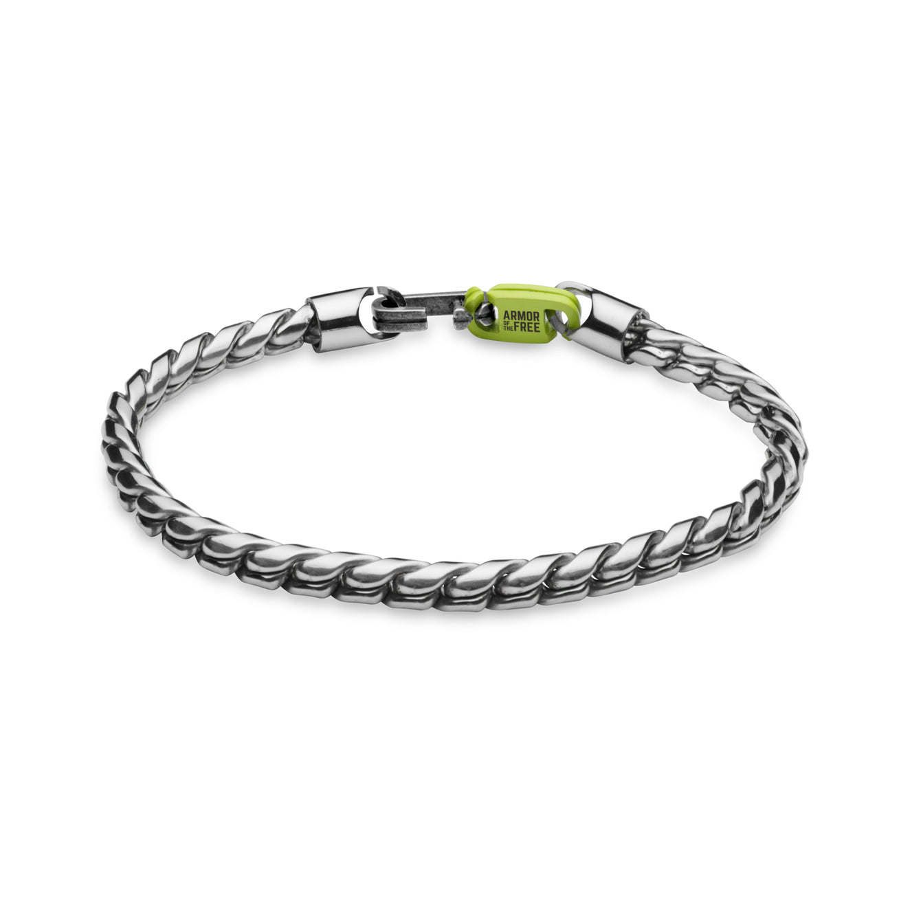 The WALI - Polished bracelet by Armor of the Free is a silver twisted chain with a clasp, featuring a strap-inspired design and a small green tag labeled ARMOR OF FREE near the fastening.