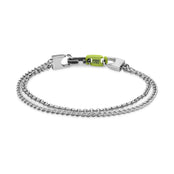 The BANE - Polished bracelet by Armor of the Free features a silver double-chain strap, a rectangular clasp, and a small green bead engraved with ARMOUR4 ALLERGY FREE, boasting a minimalistic and modern design.