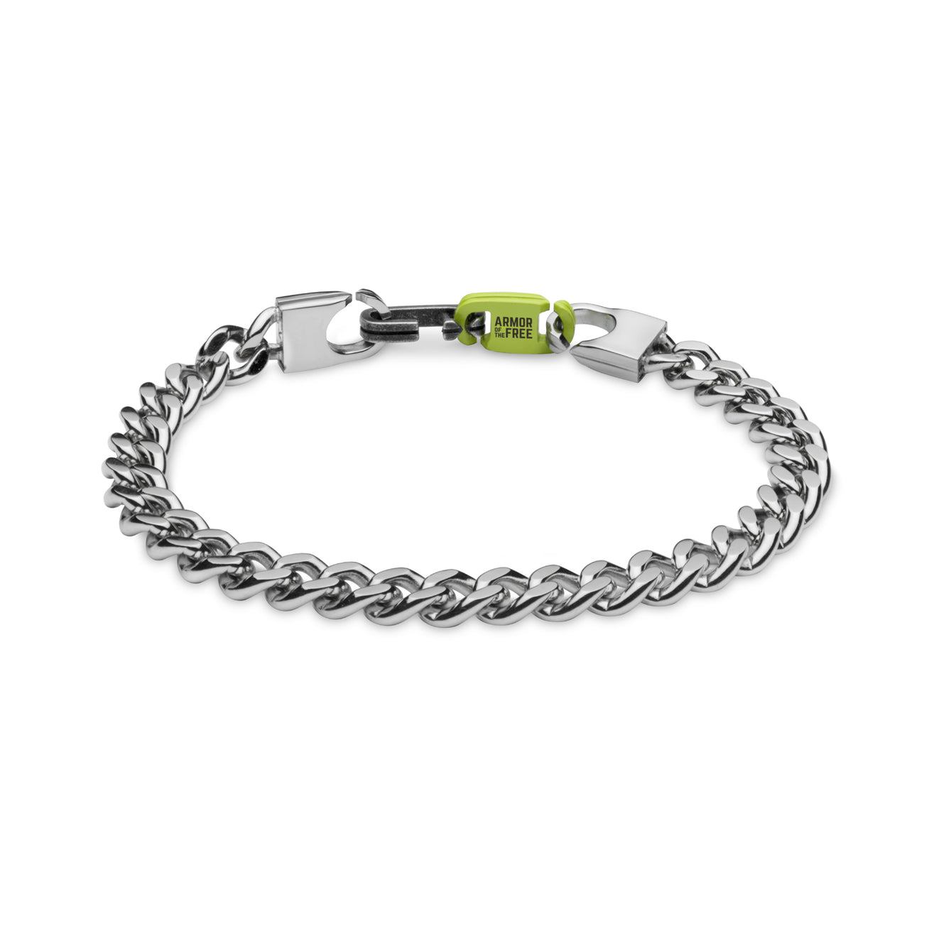 A chunky silver chain bracelet called VIRA - Polished by Armor of the Free, featuring curb links, a strap-inspired clasp, and a small green accent labeled ARMOR OF LIFE.