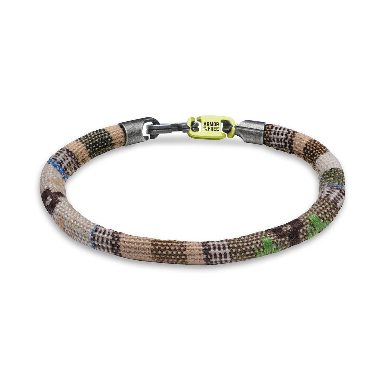 GENO - Beige pet collar by Armor of the Free, single strap, multicolored woven design with stitched ethnic rope and yellow clasp.