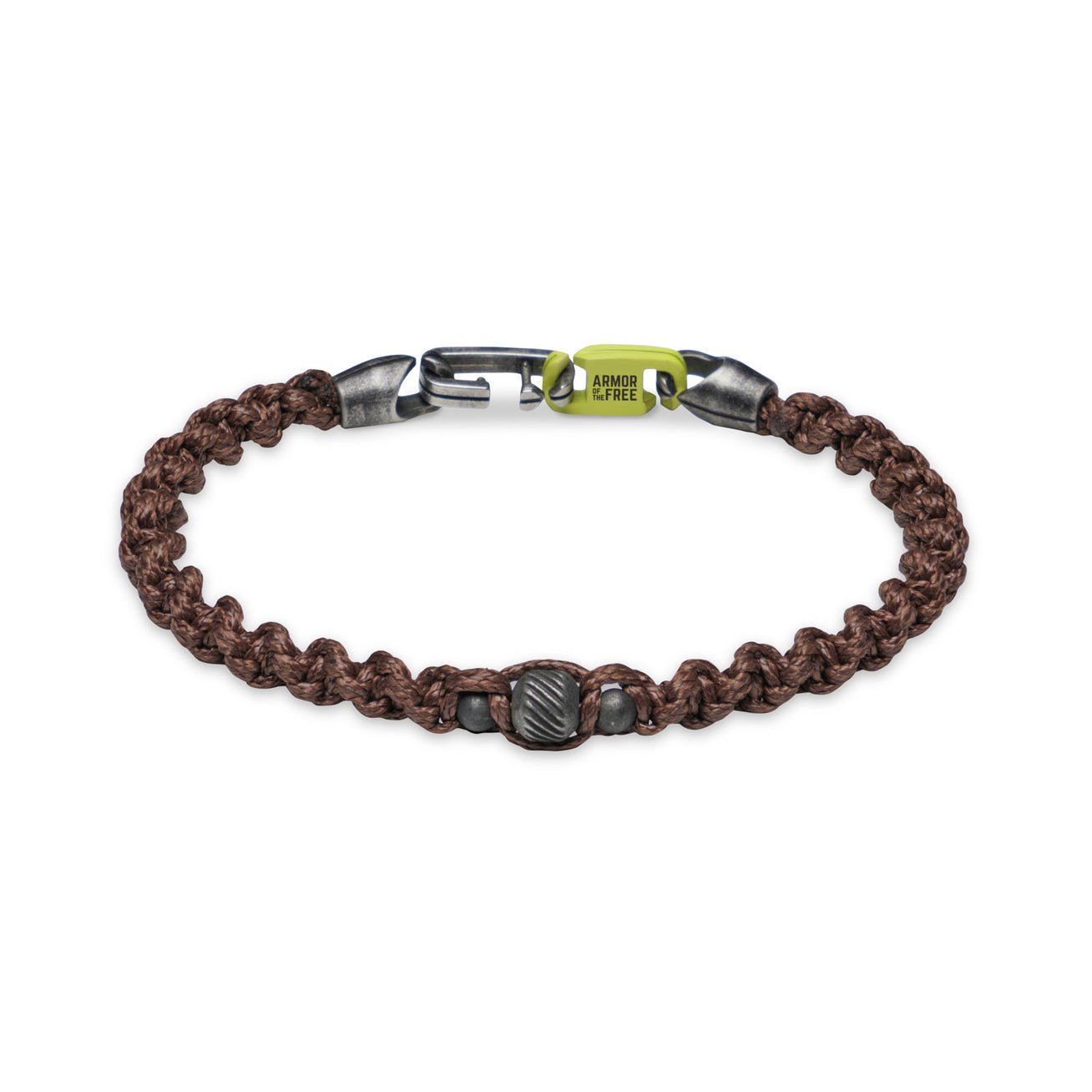 FILI - Brown 6mm twisted waxcord bracelet by Armor of the Free, single strap with metal clasp, beads, and yellow logo tag.